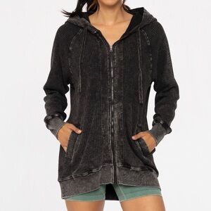 Women's 100% Cotton Oversized Mineral Washed Black Hooded Zip-Up Jacket